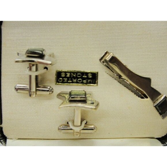 Kallani Vintage Peridot Cufflinks Set w Neck Tie Clip Silver Tone Formal IOB - Picture 9 of 11